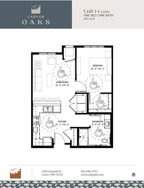 Floor plan for 1 bed, 1 bath, 643 sqft